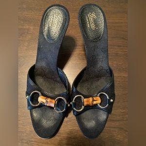 Authentic Gucci Women's Black Leather & Bamboo Straw Open Toe Sandal Heel 10B